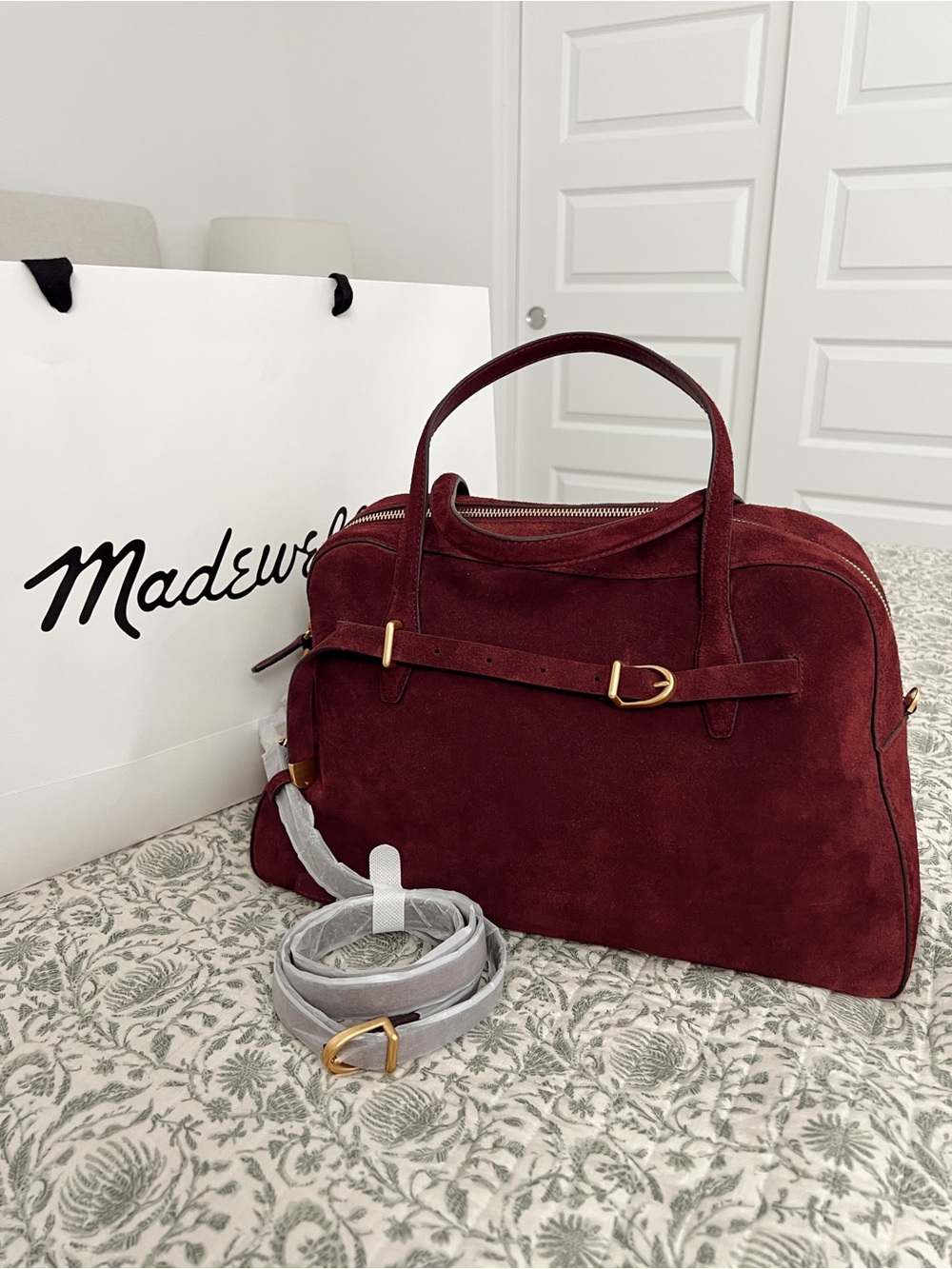 NWT Madewell The Large Belted Satchel Bag Sangria Burgundy Suede